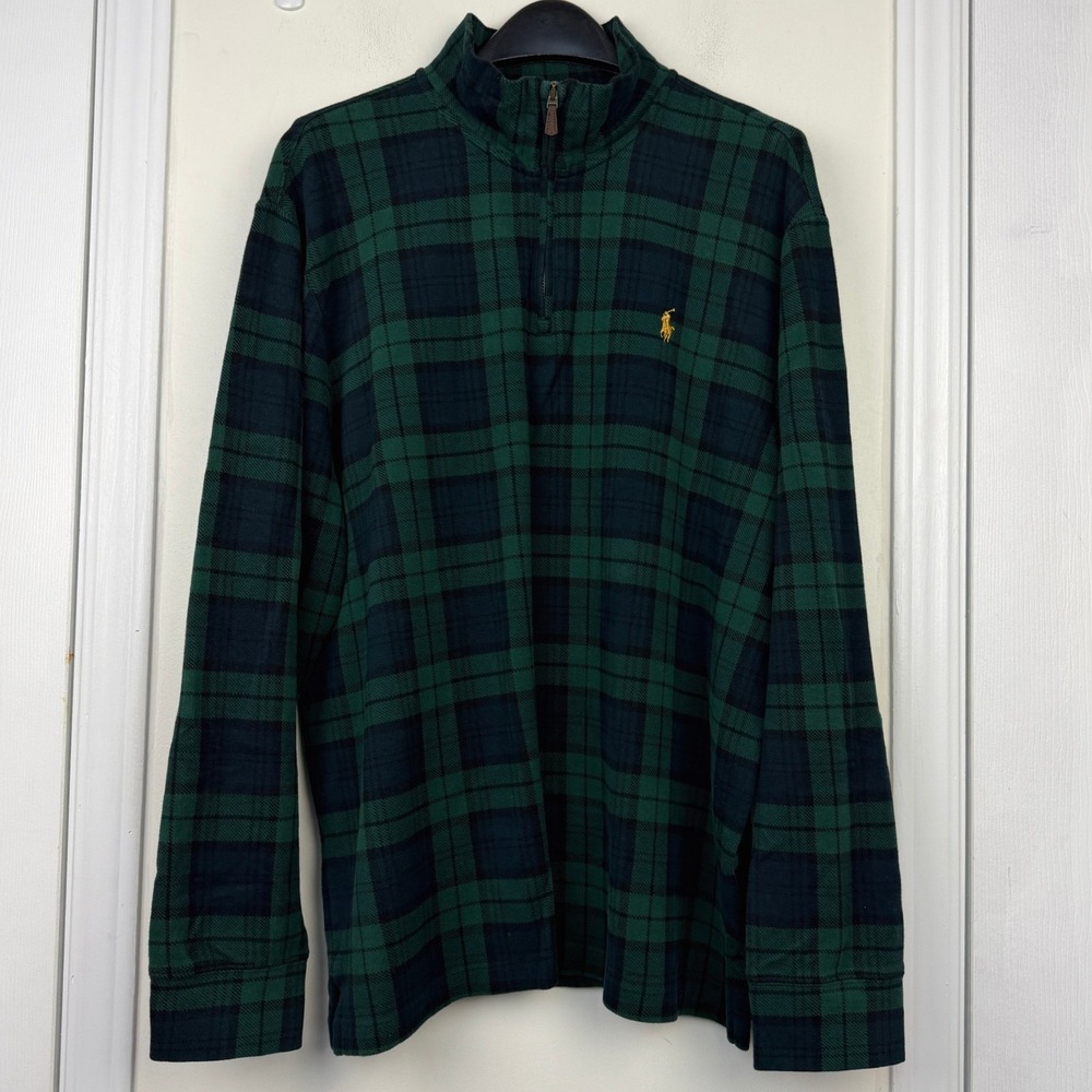 Polo Ralph Lauren Estate Rib Pullover Mens XL COTTON 1/4 Zip Green Black Plaid - Picture 3 of 10